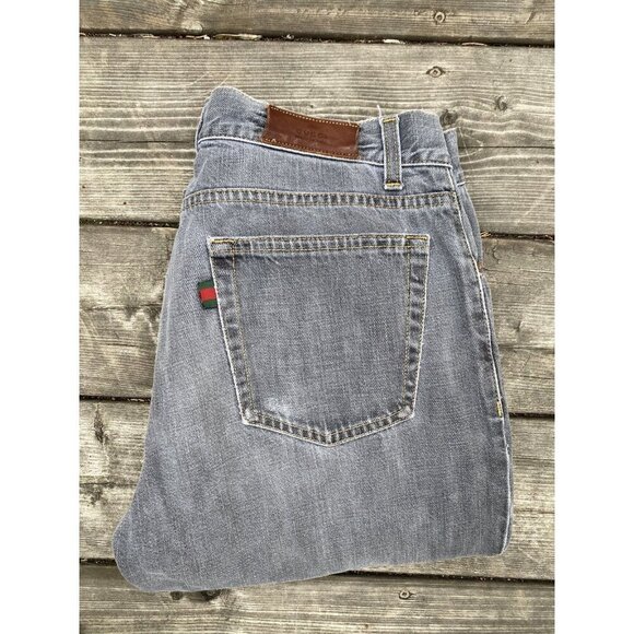 Gucci Jeans Size 34 Gray Leather Tab - Picture 1 of 10